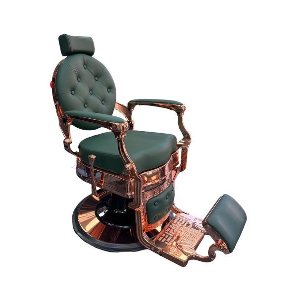 Modish Professional Barber Chair – Green & Rose Gold Chrome