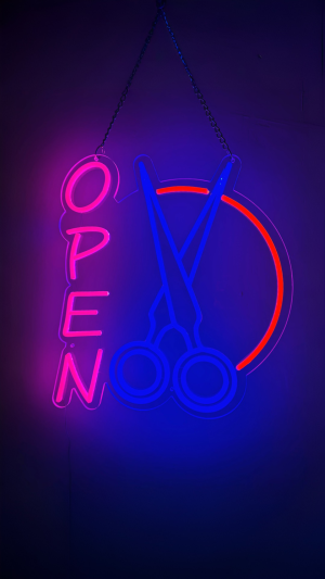 Modish LED Neon “OPEN + Scissors” Barber Sign
