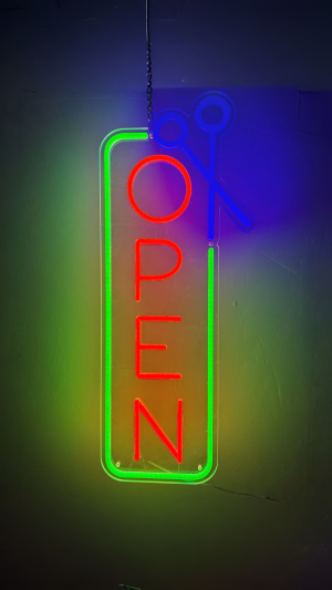 Modish Vertical LED Neon “OPEN + Scissors” Sign